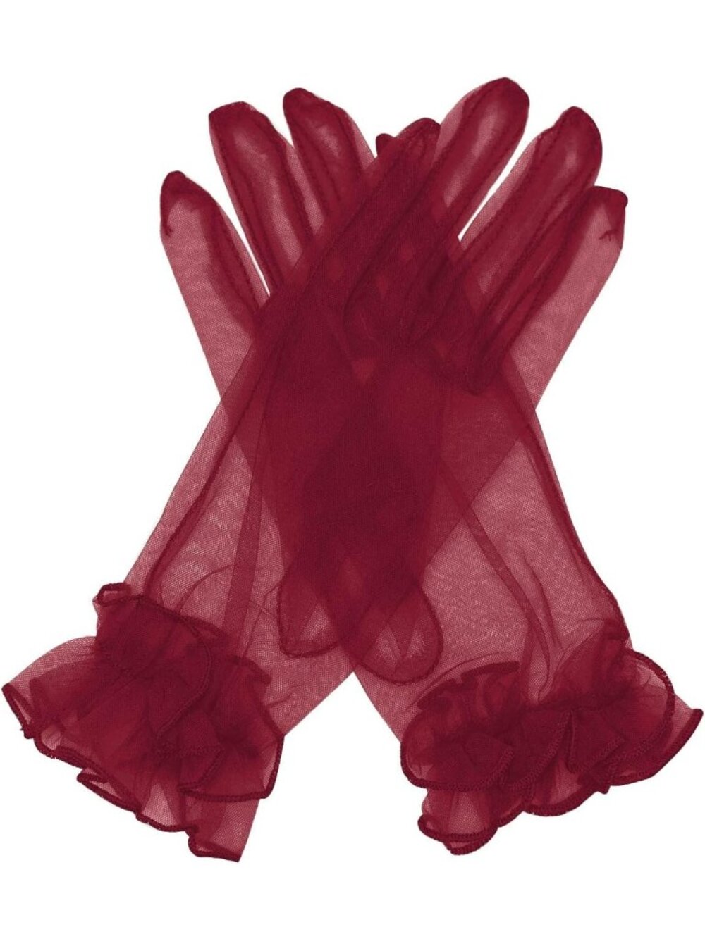 Women's Dark Red Ruffled Short Sheer Wrist Length Halloween Tulle Mesh Gloves